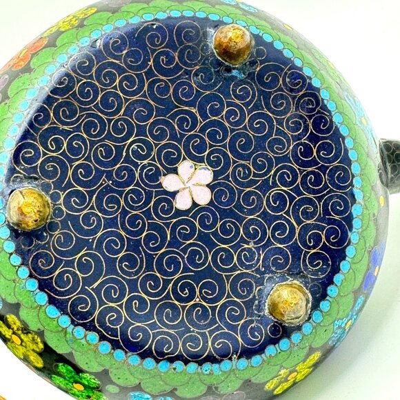 Cloisonné Vtg Floral Teapot Handle Lid Multicolor Enamel On Black Metal 5.5" - Picture 6 of 11
